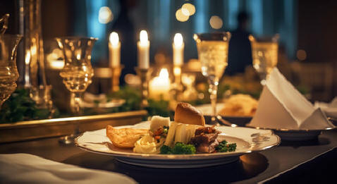 Luxury food service, appetisers and desserts served at a restaurant or formal dinner event in classic English style in the luxurious hotel or country estate, generative ai